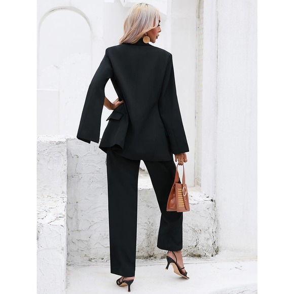 2 piece pantsuit set: Cloak Sleeve slit Double Button Blazer & dress Pants - Picture 6 of 11